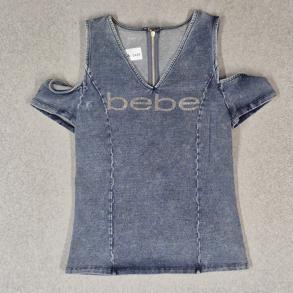 Bebe Women Shirt S Blouse Blue Denim Bling Studded Logo Cold Shoulder Cropped